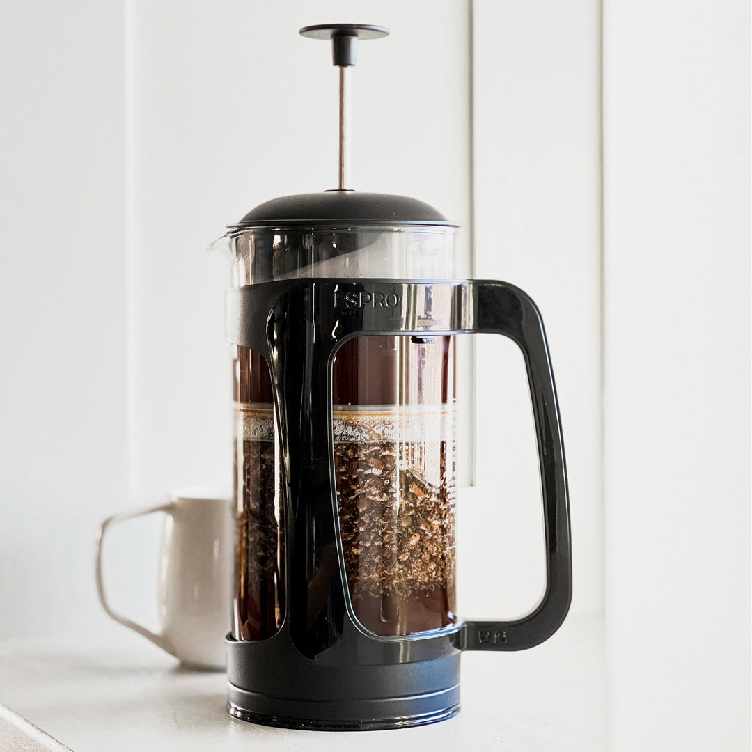 Close up view of ESPRO P3 French Press showing precise filtering and coffee clarity