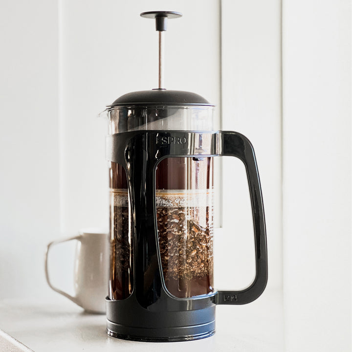Close up view of ESPRO P3 French Press showing precise filtering and coffee clarity