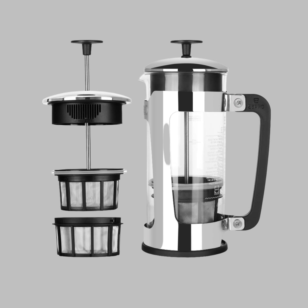 ESPRO P5 French Press disassembled – glass carafe, double micro-filter, stainless steel frame, and plunger.