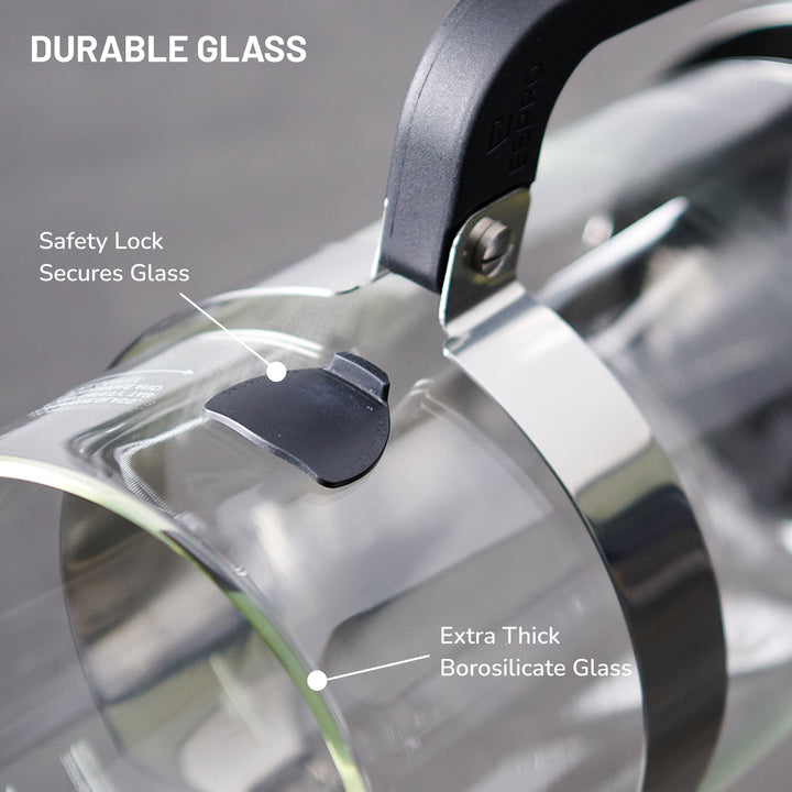 Stainless steel safety cage around ESPRO P5’s glass beaker for added durability and style.