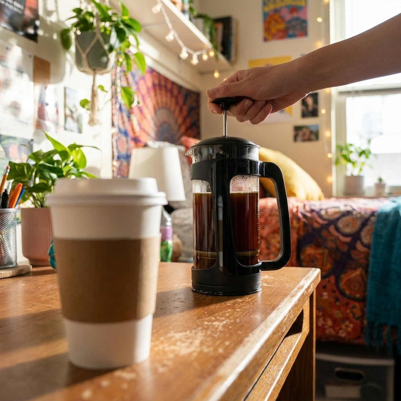 The ESPRO P3 on a desk beside a disposable café cup
