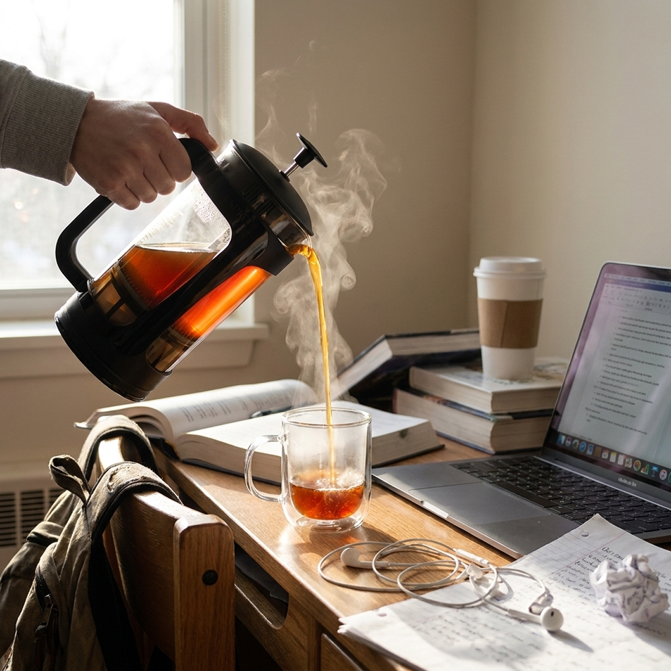 Pouring tea from the ESPRO P3 at a late-night study desk