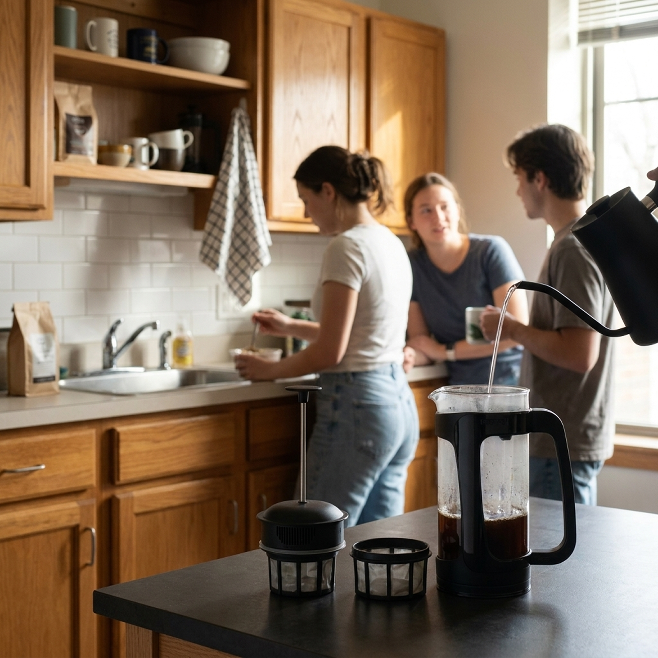 ESPRO P3 with its dual micro-filter disassembled on a kitchen counter