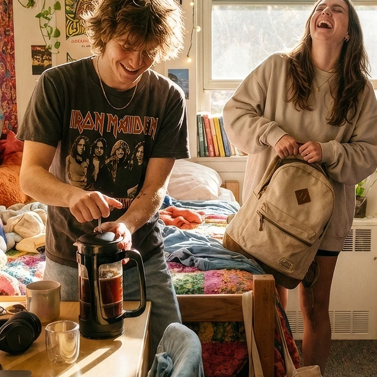 Two students making coffee with the ESPRO P3 in a dorm room