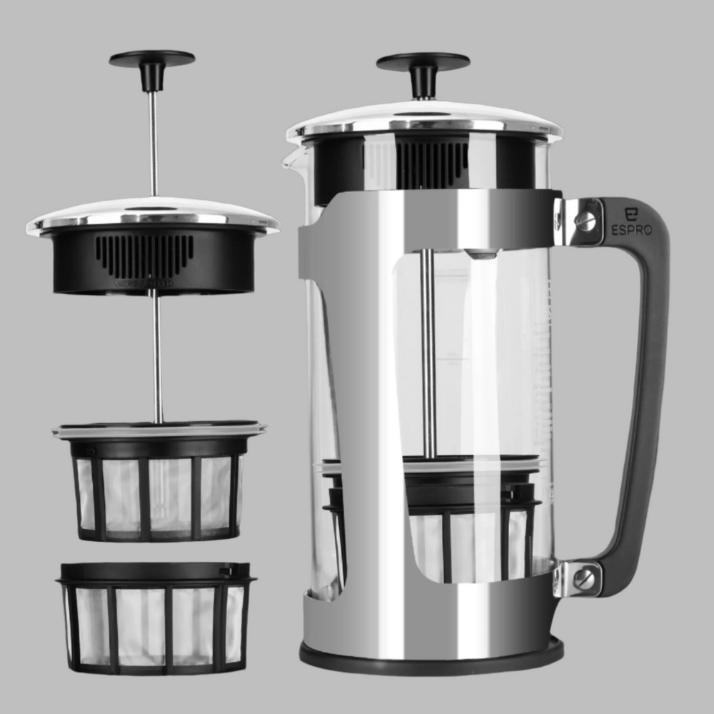 ESPRO P5 French Press Coffee Maker, 32 oz – Durable glass press with stainless steel safety cage and dual micro-filter”
