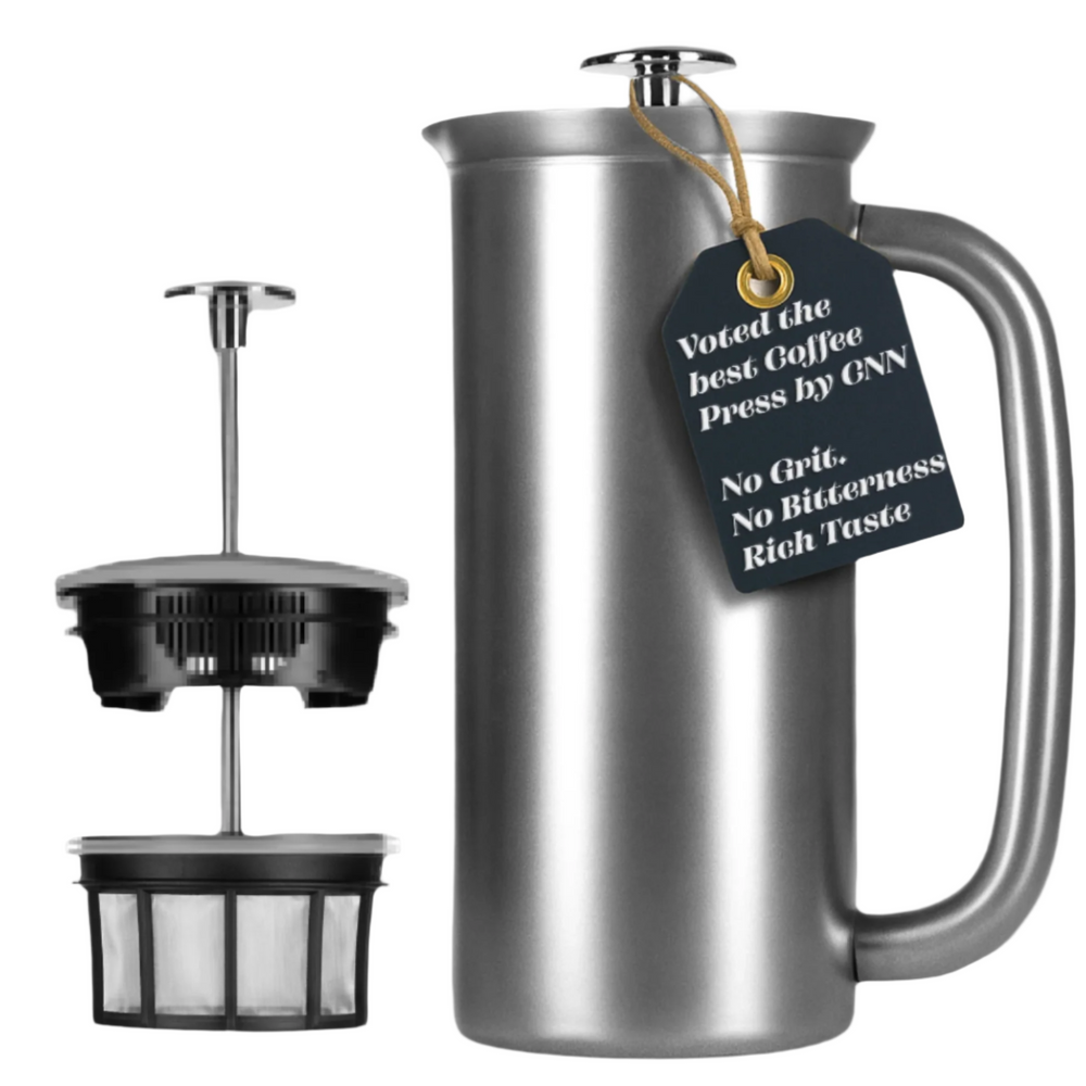 Stainless steel coffee press with filter and tag on a gray background