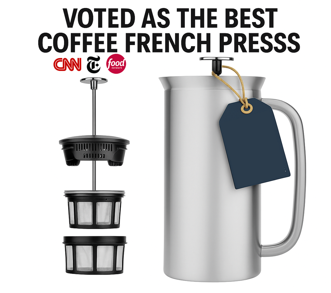 Stainless steel French press coffee maker with a tag, featuring CNN and Food Network logos.